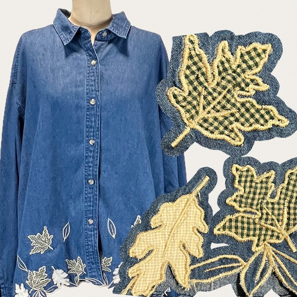 VINTAGE 90s plaid appliqué maple oak tree leaves embroidered denim jean‎ shirt